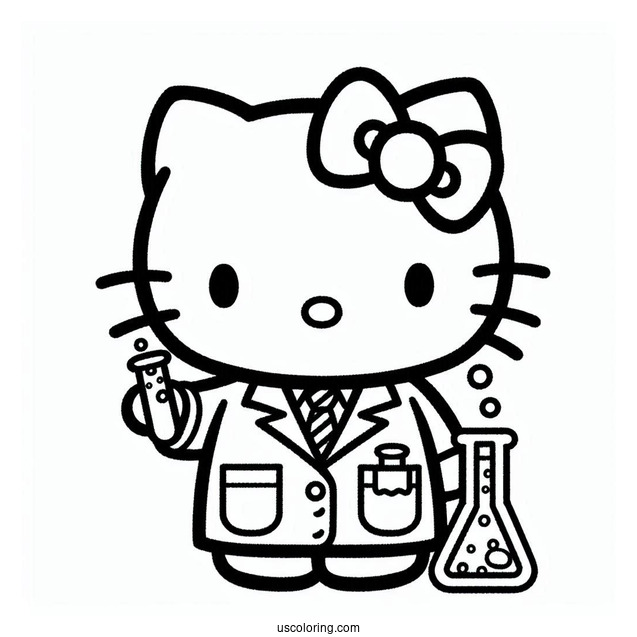 Science Coloring Page Of Hello Kitty In Laboratory Coat Holding A Flask And Test Tube For Kids