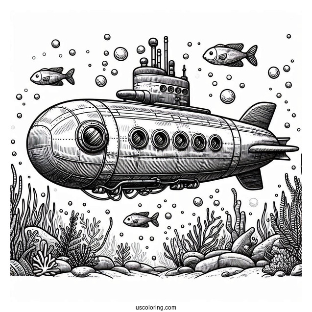 Realistic Deep Sea Submarine Coloring Page With Fish