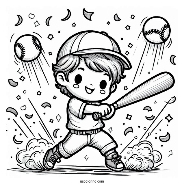 Kid Hitting Baseball Coloring Page with Confetti Celebration