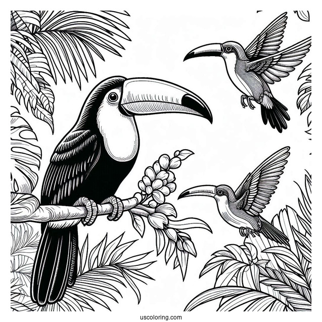 Toucans And Hummingbirds In The Jungle Coloring Page