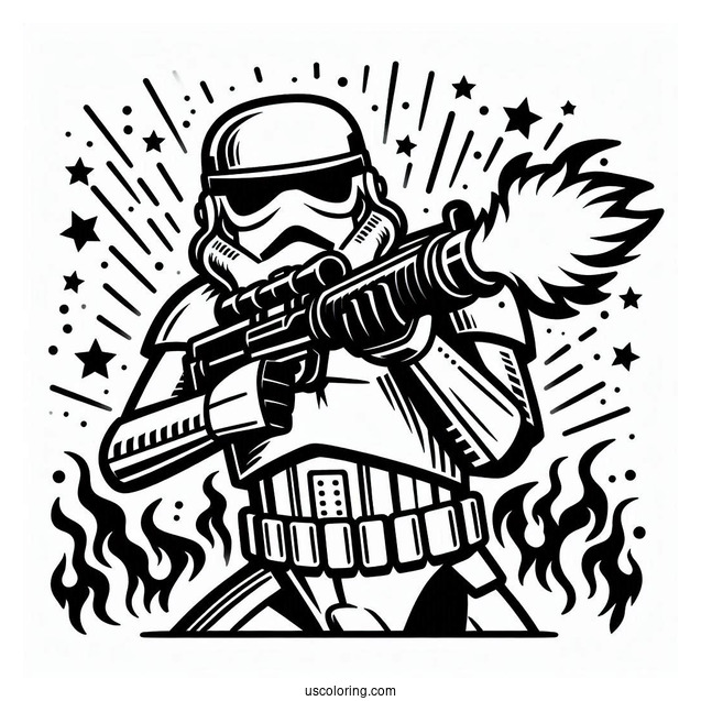 Easy Stormtrooper Coloring Page Shooting Blaster With Flames In The Background
