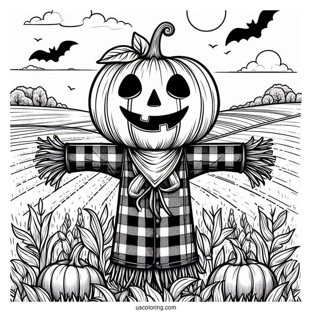 Pumpkin Head Scarecrow Coloring Page On A Vast Field