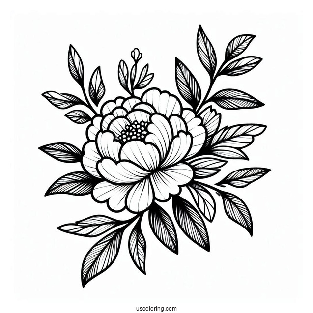 Flower Coloring Pages Of Peony With Leaves