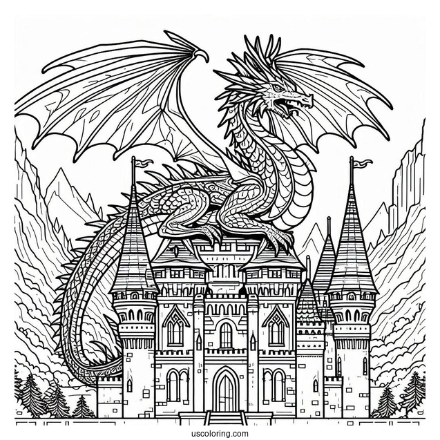 Dragon On Top Of Medieval Castle To Color
