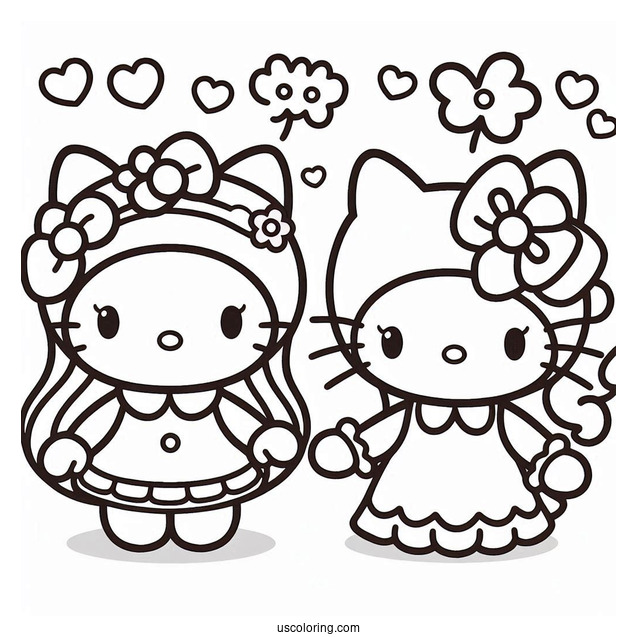 My Melody Coloring Page Holding Hands With Hello Kitty