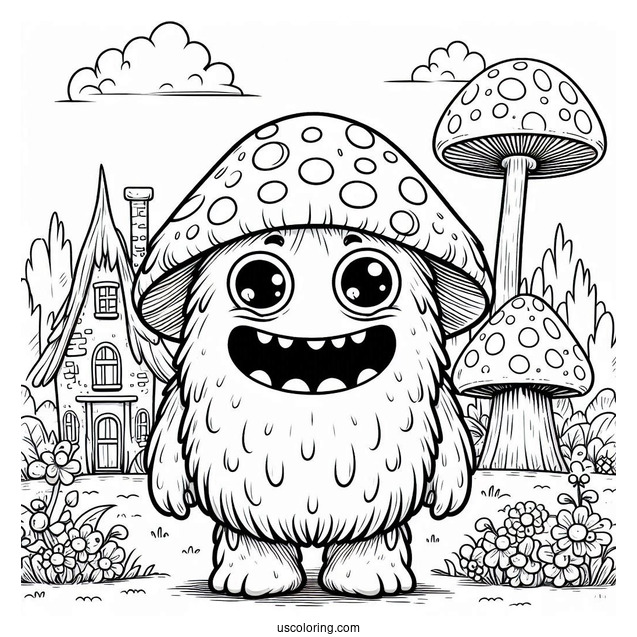 Grinning Monster Standing In Front Of Mushroom Coloring Page Of Houses