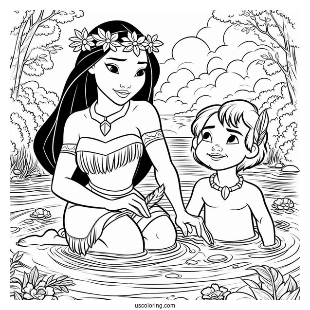 Pocahontas And Meeko In The River Coloring Page