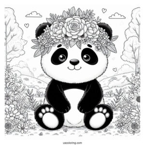 Cute Panda Coloring Page Sitting with Giant Floral Crown in a Meadow