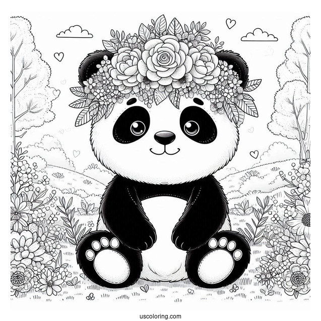 Cute Panda Coloring Page Sitting with Giant Floral Crown in a Meadow