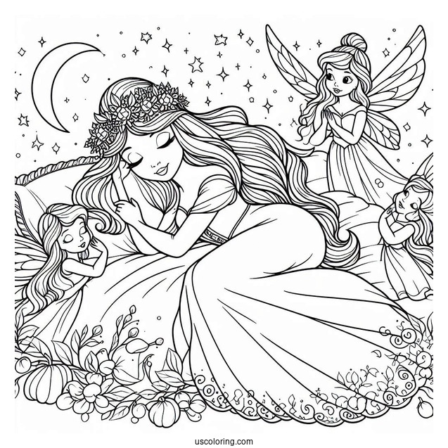 Sleeping Beauty With The Three Fairies Coloring Page