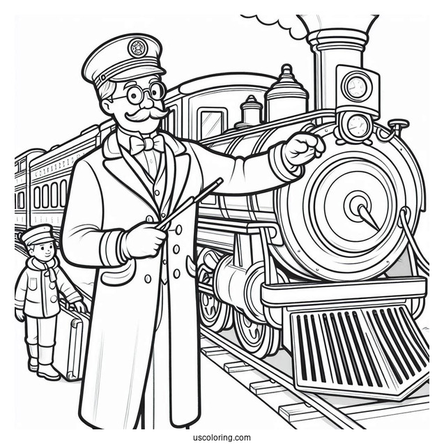 Polar Express Coloring Page Of Simple Conductor Checking The Time For Preschoolers