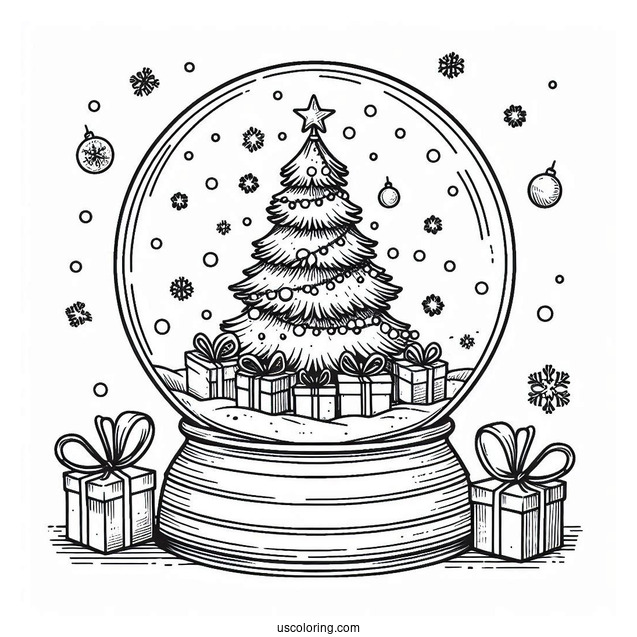 Christmas Tree With Presents Snow Globe Coloring Page
