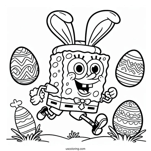 Easter Coloring Page Of SpongeBob In Bunny Costume Running With Easter Eggs