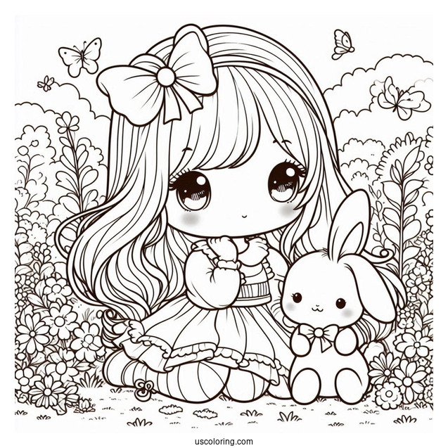 Kawaii Precious Moments Coloring Page Of Girl In Garden With Bunny For Kids