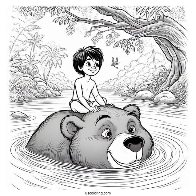 Jungle Book Coloring Page Of Mowgli Sitting On Top of Baloo While Floating In Water