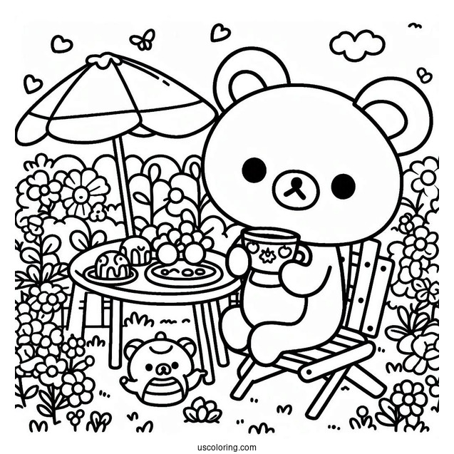 Rilakkuma Coloring Page Of Easy Chairoikoguma Having Tea In The Garden For Preschoolers