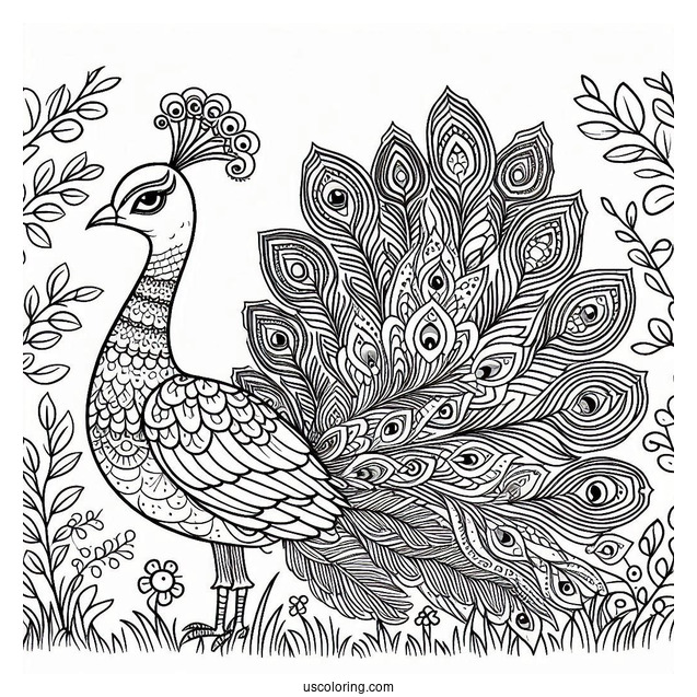 Peacock Coloring Page with Decorative Feathers In Woodland Meadow