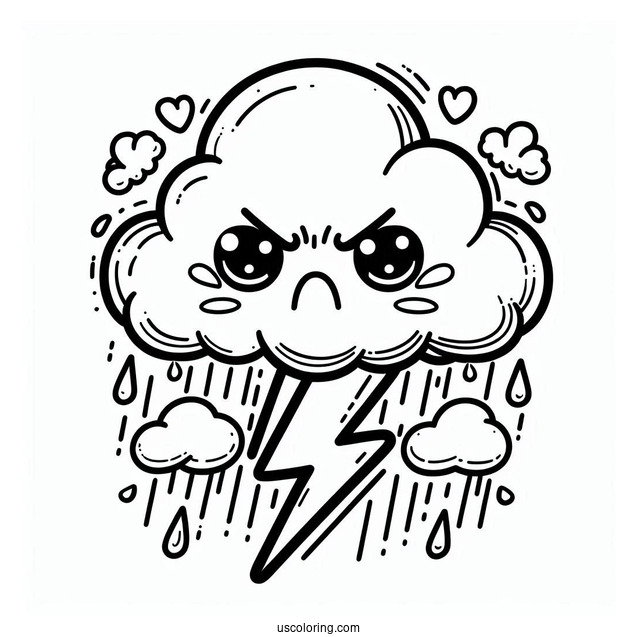 Angry Cloud With Rain Coloring Page And Lightning For Kids