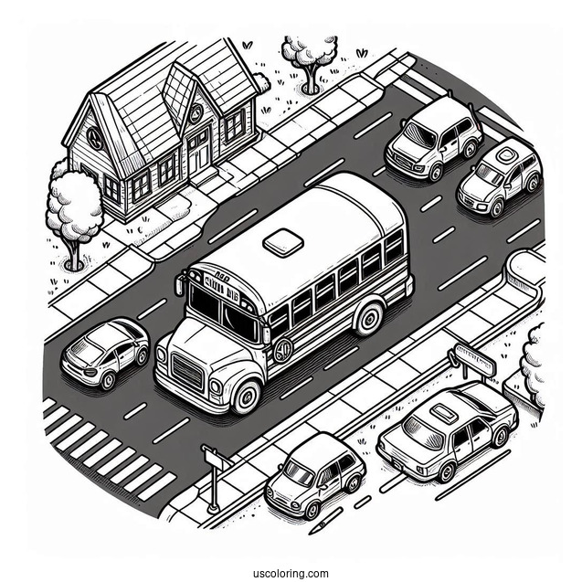 Top View Of Small School Bus Coloring Page On The Road