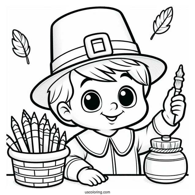 Happy Boy Pilgrim Coloring Page For Preschoolers