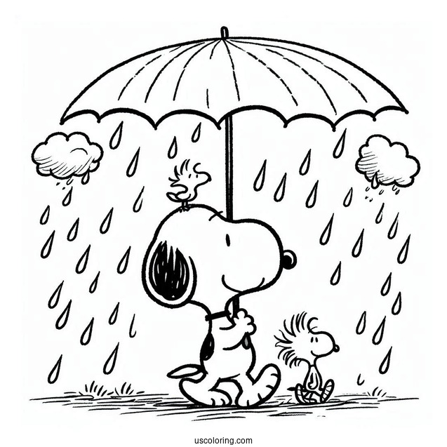 Snoopy And Woodstock Walking Under The Rain Coloring Page