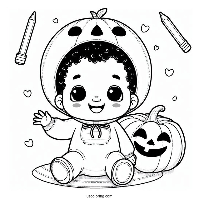 Smiling Baby Coloring Page In a Jack O Lantern Costume