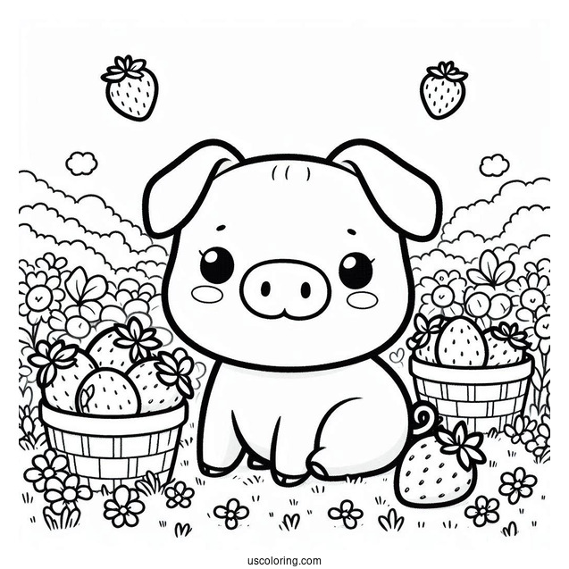 Kawaii Themed Pig In Field Of Strawberries