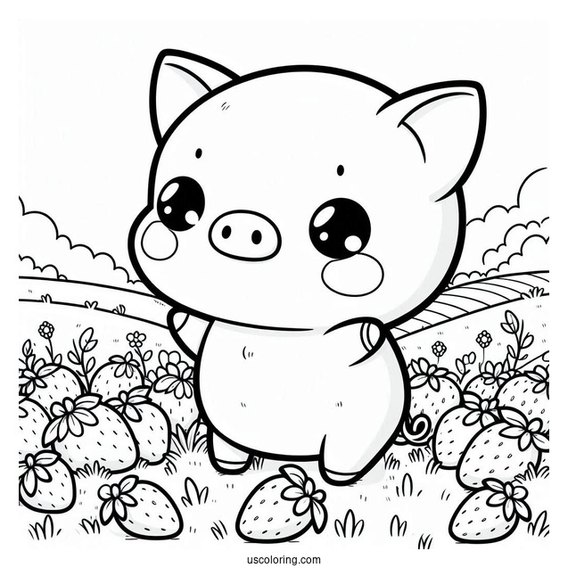 Kawaii Themed Pig In Field Of Strawberries