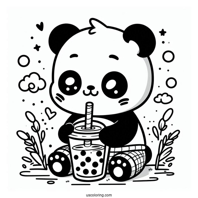 Easy Baby Panda Coloring Page Sipping Boba Tea For Preschoolers