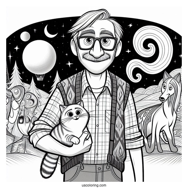 Pixar Coloring Page of Joe Gardner With 22, Moonwind, And Mittens From Soul