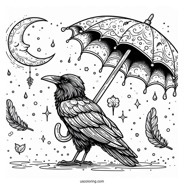 Raven Coloring Page Holding An Umbrella In The Rain