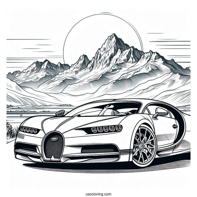Close Up Of Bugatti Coloring Page Chiron With Mountains In Background