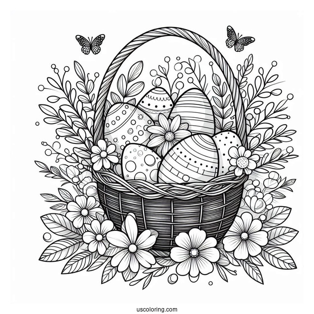 Easter Coloring Page Of Floral Happy Easter Basket With Eggs