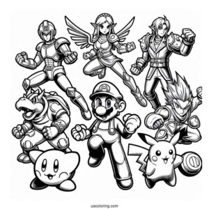Super Smash Bros Coloring Page Of Mega Man, Dark Bowser, Zelda, Mario, Kid Icarus .Star Fox, Kirby, Donkey Kong, And Pikachu