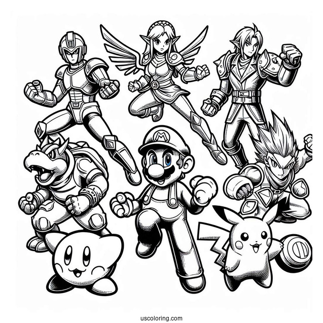 Super Smash Bros Coloring Page Of Mega Man, Dark Bowser, Zelda, Mario, Kid Icarus .Star Fox, Kirby, Donkey Kong, And Pikachu