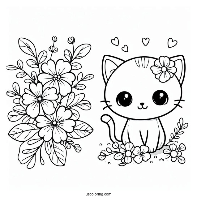 Cartoon Cat With Flowers Coloring In For Preschoolers