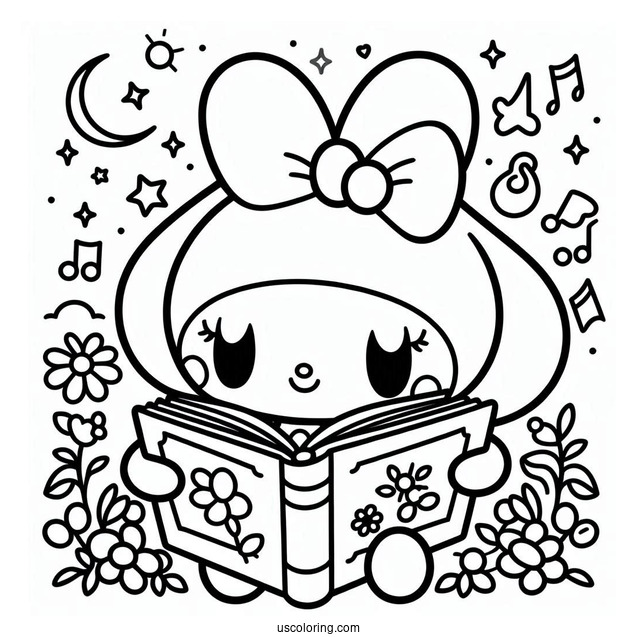 My Melody Coloring Page Reading Book With Flat And Risu