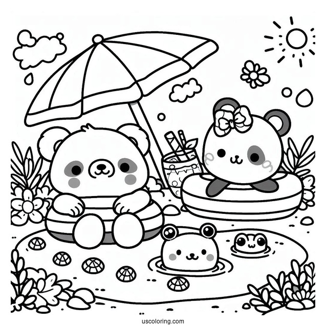 Summer Coloring Page Of Kawaii Bear, Panda, And Frog Floating In The Pool