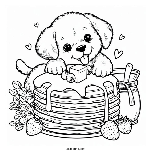 Puppy Licking Large Pancake Coloring Page With Butter And Berries