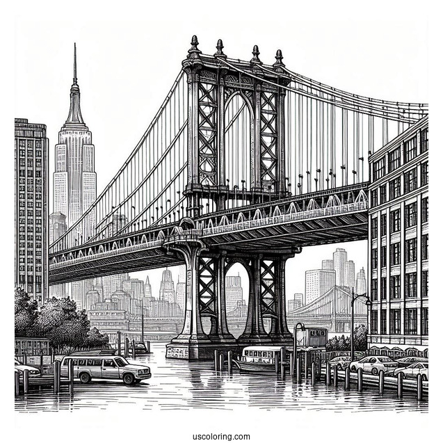 Realistic Manhattan Bridge In New York Coloring Page