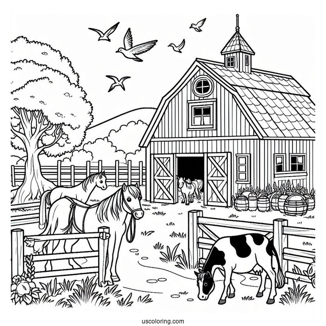 Farm With Horses And Cows To Color