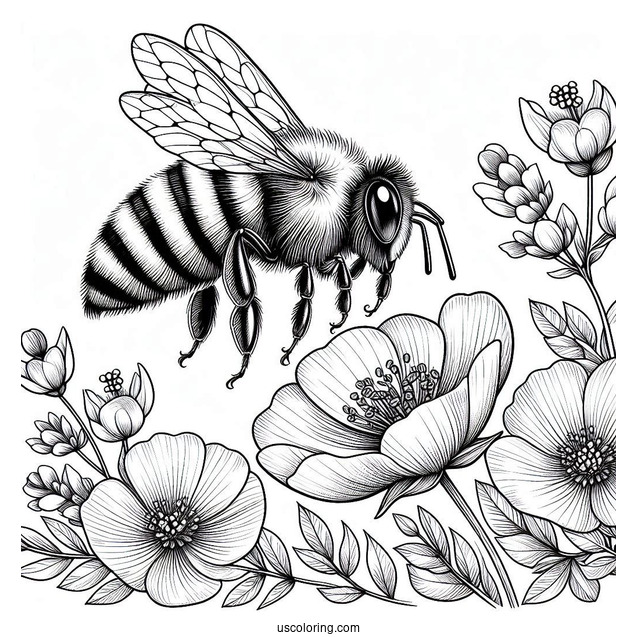 Realistic Bee Coloring Page Hovering Over Flowers
