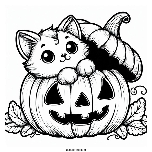 Pumpkin Coloring Page Of Cat Poking Head Out Of A Jack O Lantern