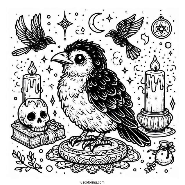 Baby Raven Coloring Page Standing On A Skull With Candles And Magic Spell Book