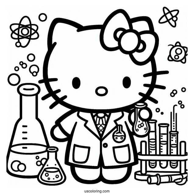 Science Coloring Page Of Hello Kitty In Laboratory Coat Holding A Flask And Test Tube For Kids