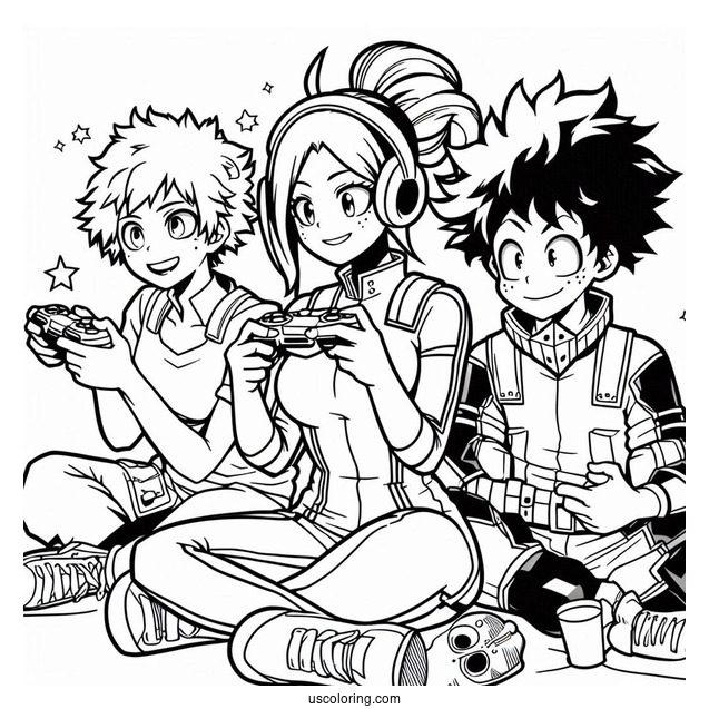 Full Page My Hero Academia Deku Coloring Page Playing Video Game With Friends