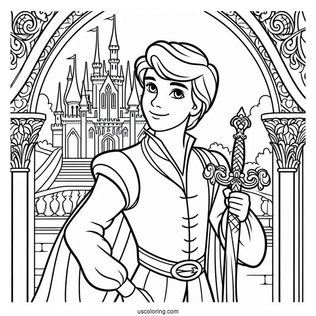 Prince Charming Holding A Sword Inside The Castle Coloring Sheet