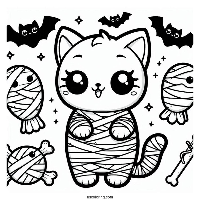 Kawaii Cat Mummy Coloring Page With Bats For Preschoolers