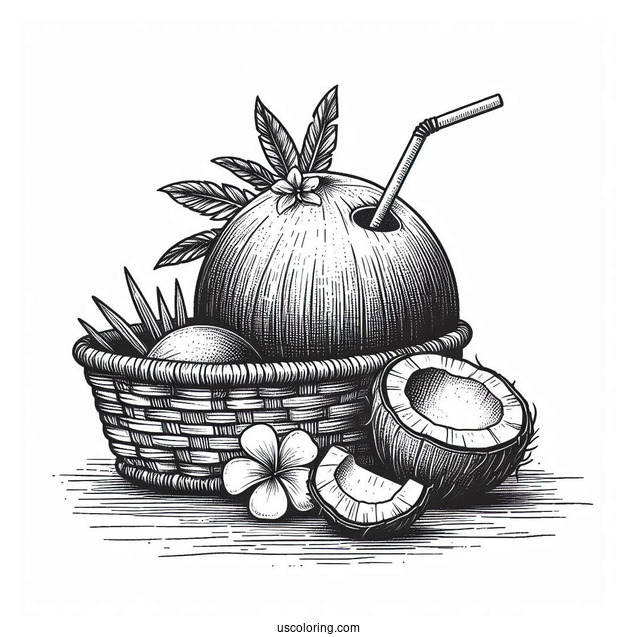 Coconut Coloring Page Juice With Straw On Top Of Fruit Baskets