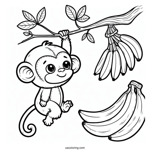 Little Monkey Hanging On A Vine Beside A Cool Banana Coloring Page